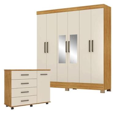 Imagem de Cômoda Flora e Guarda Roupa Casal Prático Cinamon Touch Off White com 