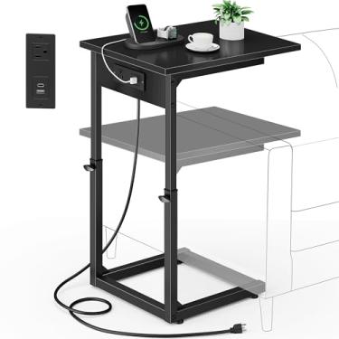 Imagem de Vagusicc Mesa de canto em forma de C com estação de carregamento, mesa lateral de 83,8 cm de altura para sofá, mesa de canto de altura ajustável, mesas laterais para sofá, mesa de TV para sala de