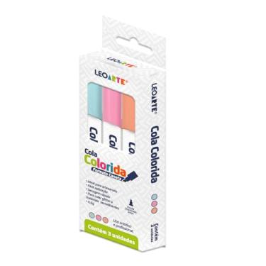 Imagem de COLA COLORIDA FORMATO CANETA - CAIXA C/ 3 CORES LEOARTE