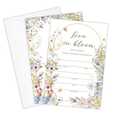 Imagem de ZEDEV 25 conjuntos de convites de casamento de dupla face de flores com envelopes e cartões Rsvp, kit de convites de casamento para festa de noivado de casal, festa de chá de panela - Love is Bloom