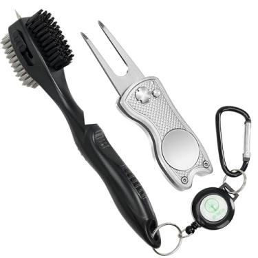 Imagem de Mile High Life Combo premium de limpeza de ranhuras para taco de golfe e reparo de ferramentas divot. Escova retrátil com palheta afiada e marcador magnético, fixador de divoto de aço inoxidável