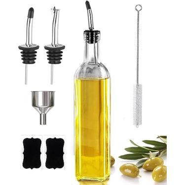 Imagem de Garrafa dispensadora de azeite de oliva de 500 ml, garrafa de azeite de oliva com 2 dosadores de aço inoxidável, 2 etiquetas, 1 pincel e 1 funil, dispensador de óleos de cozinha para cozinha