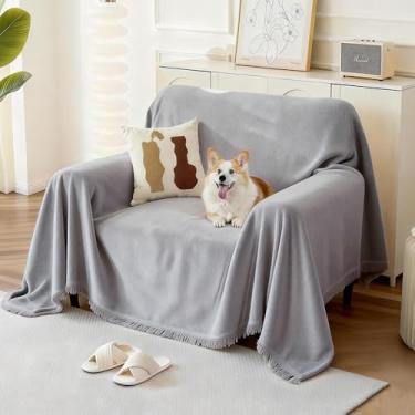 Imagem de KaviKon Capa de poltrona grande para 1 almofada, capa de poltrona lavável, protetor de sofá com borla (180 x 231 cm, cinza)