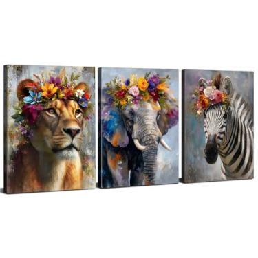 Imagem de Arte de parede animal zebra elefante leão decoração de parede animais com flores coloridas imagens em tela para sala de estar quarto vintage rústico casa de fazenda impressões em tela de animais arte