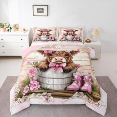 Imagem de Feelyou Jogo de cama fofo de vaca Highland macio para meninos e meninas, conjunto de edredom com laço rosa, 2 peças com 1 fronha