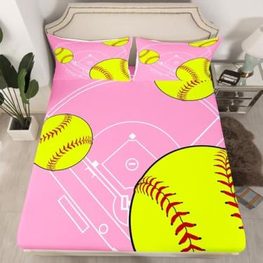 Imagem de jejeloiu Jogo de lençol solteiro de softball, bola de beisebol, rosa, para crianças, meninos, decoração de quarto
