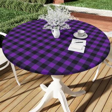 Imagem de Smiry Toalha de mesa redonda de piquenique, toalhas de mesa elásticas à prova d'água de vinil para mesas de 144 a 172 cm, capa de mesa xadrez de búfalo com forro de flanela para jantar, acampamento