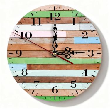 Imagem de Relógio de parede de madeira envelhecida multicolorido de retalhos - Decoração rústica silenciosa sem tique-taque para escritório em casa - Relógio com detalhes de fazenda - 19 cm