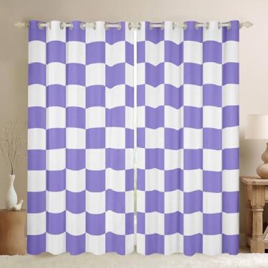 Imagem de Cortinas retrô quadriculadas para quarto, sala de estar, roxo, xadrez, geométrico, vintage, cortina de escurecimento moderna, simples, estética, tratamentos de janela, 2 painéis, decoração de 96 x 114