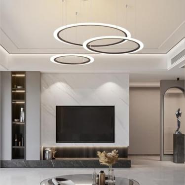 Imagem de Lustre moderno de 4 anéis pretos com LED, dimerizável e controle remoto, luminária pendente ajustável para teto, ideal para sala de estar, cozinha, sala de jantar e quarto (80+100 cm).