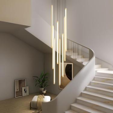 Imagem de Luminária pendente LED moderna para escada, lustre longo giratório com 12 lâmpadas, dimerizável, imitação de madeira, luminária suspensa ajustável para teto oco de sala de estar (8 lâmpadas)