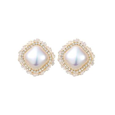 Imagem de Rosslyons Brincos de argola de pérola elegantes para mulheres, detalhes de cristal banhados a ouro, brincos de pérolas simuladas brancas, ocasiões formais, estilo pendurado, Large, Latão Pérola