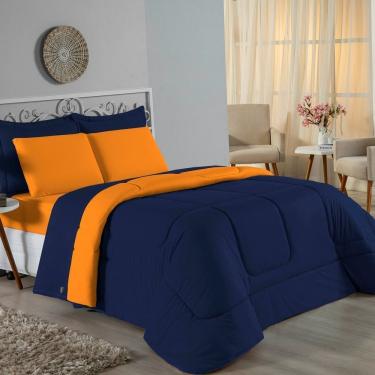 Imagem de Edredom Casal Nobre 1 Peça Dupla Face 2,00m X 2,20m Malha 100% Algodão - Azul-marinho / Laranja