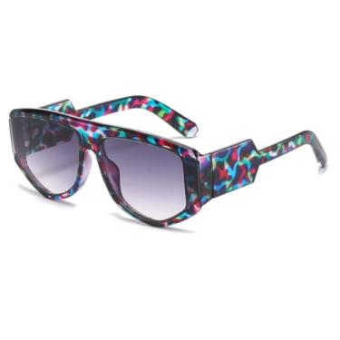 Imagem de JRLLFD Óculos de sol ovais da moda, com gradiente UV400, decoração retrô, estilo redondo feminino (azul-leopardo-cinza)