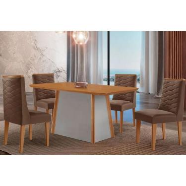 Imagem de Mesa Cozinha Tilia c/ Tampo Madeirado Canto Curvo 120x80cm e 4 Cadeiras Dafne Madeira Maciça Naturale/Off White - Capuccino/Suede Marrom-Rufato