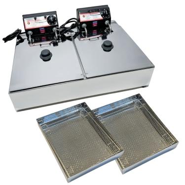 Imagem de Fritadeira Elétrica Industrial 2 Cubas Antichamas 110V Com Tampa E 2 Escorredores M