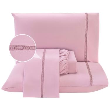 Imagem de Jogo de Cama Lençol Casal Luxuria Percal 300 Fios 4 Peças - Rosê - 100% Poliéster