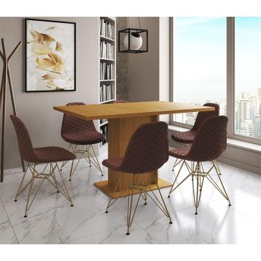 Imagem de Mesa Jantar Londres Retangular Canela 137X90Cm 6 Cadeiras Estofadas Caramelo Base Dourado