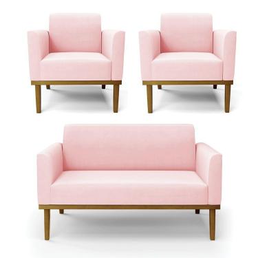 Imagem de Conjunto 2 Poltronas E 1 Namoradeira Decorativa Pés Fixo Em Madeira Castanho Suede Rosa Bebê