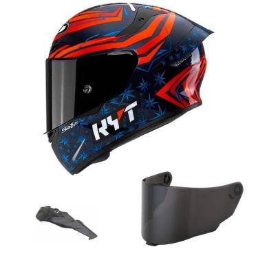 Imagem de Capacete KYT TT Course Fernandez 2022 Azul e Vermelho Mais Viseira Fumê e Spoiler Fumê-Masculino