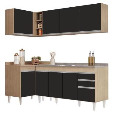 Imagem de Armário De Cozinha Modulado De Canto Direito 4 Peças Cp42 Com Pia Inox Castanho/preto - Lumil