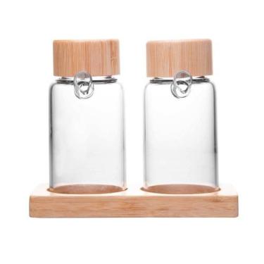 Imagem de Jg 2 Galheteiros com Tampa e Suporte de Bambu 170ml - Wolff