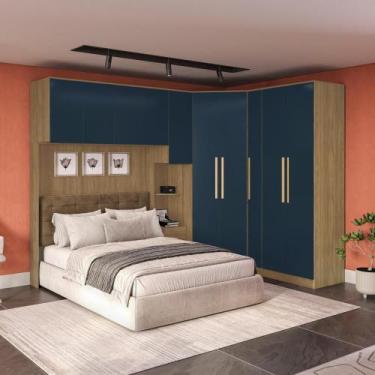 Imagem de Quarto Modular Kappesberg Adapt Nogueira/Azul Profundo 7 Peças 296cm x