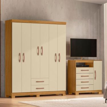 Imagem de Guarda-roupa 6 Portas 2 Gavetas cômoda Sapateira Itapema Carvalho Americano/Off White