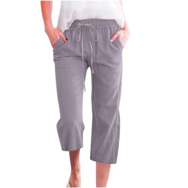 Imagem de Calças Capris femininas, algodão, linho, verão, retas, pernas largas -