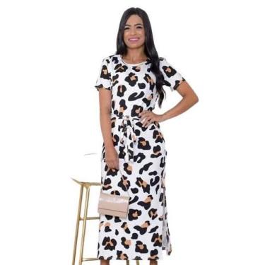 Imagem de Vestido Feminino Midi Animal Print Amarração na Cintura Fenda Lateral 