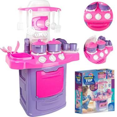 Imagem de  Brinquedo Cozinha Top Deluxe Pia Lava Louça Fogão Panelas Rosa E Roxo