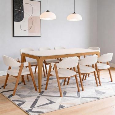 Imagem de Conjunto de Jantar Claris 8 Lugares Tampo em Vidro com Cadeiras em Linho Off White 180CM Lyam Decor