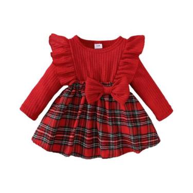 Imagem de Conjunto De Vestido Xadrez Vermelho Para Bebê Menina Com Faixa De Cabe