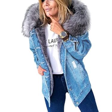 Imagem de Jaqueta Bomber com Capuz Grosso Jaqueta de Inverno Quente Feminina Plus Size, Jaqueta Jeans Sintética, Azul 1, P, Uptodate