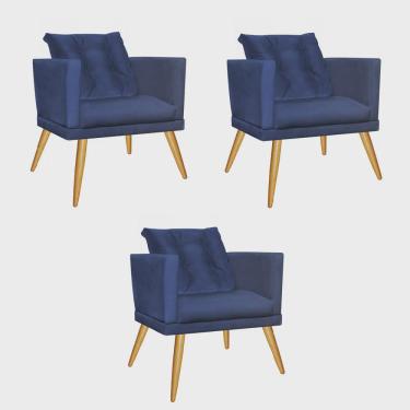 Imagem de Kit 03 Poltrona Cadeira Kim Luxo Confort Com almofada Solta Pé Caramelo Suede Azul Marinho - Ahazzo Móveis