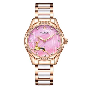 Imagem de Relógio feminino de cerâmica, relógio de pulso mecânico automático com mostrador de esqueleto, pulseira mista de aço inoxidável, relógio brilhante à prova d'água, 30 m, rosa
