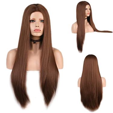 Imagem de Perucas femininas sintéticas afro crespo cor laranja ondulado natural peruca longa para mulheres negras e brancas cabelo de fibra de alta temperatura perucas de cabelo humano (cor: marrom, comprimento esticado: 50,8 cm)