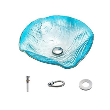 Imagem de jinyi2016SHOP Pias de pia de bancada de vidro temperado pintado à mão com bico de cachoeira pia de banheiro azul (cor: B)