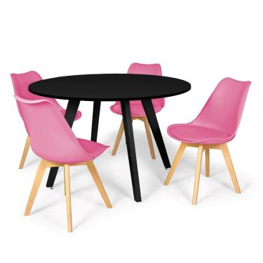 Imagem de Conjunto Mesa de Jantar Redonda Amanda Preta 120cm com 4 Cadeiras Eiffel Leda - Rosa