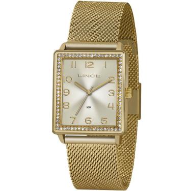 Imagem de Relógio LINCE feminino quadrado strass dourado LQG4665L C2KX