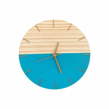 Imagem de Relógio De Parede Em Madeira Minimalista Azul Com Detalhes Em Dourado