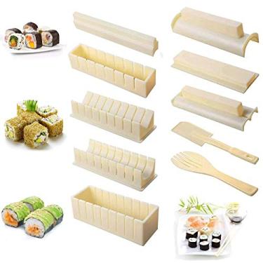 Imagem de Hompon Kit de fabricação de sushi – Ferramenta para fazer sushi faça você mesmo completa com 8 moldes de arroz para sushi, espátula para garfo / fácil e divertida/bege