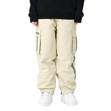 Imagem de Yajun Calças de esqui à prova d'água à prova de vento calças de neve soltas quentes masculinas femininas confortáveis clássicas de poliéster calças de caminhada concha macia, bege, P