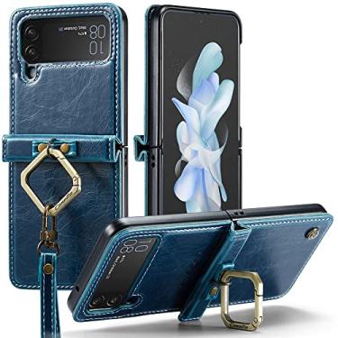 Imagem de Capa protetora dobrável corda manual para Samsung Galaxy Z Flip 4 5G Capa de telefone à prova de choque de couro de luxo, azul, para Z Flip 4 5G