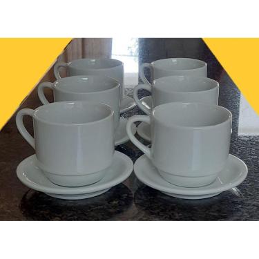 Imagem de Jogo 6 xícaras de Café e Chá com pires - 200 ml Empilháveis - Porcelana branca
