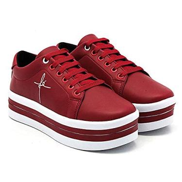 Imagem de Tênis Feminino Bordado Fé Salto Plataforma Anabela Macio Cor:Vermelho;Tamanho:34