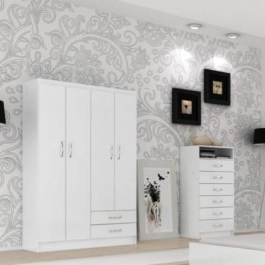 Imagem de Quarto Solteiro com Guarda Roupa 4 Portas e Cômoda 6 Gavetas Evidência Móveis Branco