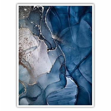 Imagem de Quadro Decorativo 90x60 Moldura de Madeira Mármore Tom Azul Escuro Decoração Abstrata para Sala Quarto Escritório Hall Cor da armação:Branco