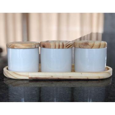 Imagem de Kit Porta Treco / Condimentos / Mantimentos 200ml - 4 pçs - Potes Porcelana Bandeja e Tampa Pinus