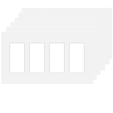 Imagem de Placa de parede Decora sem parafuso de 4 entradas para interruptor de tomada placa frontal elétrica para interruptor de luz, interruptor inteligente, receptáculo, reguladores de luz, tomada USB, GFCI, placa de cobertura segura para crianças, branco (pacote com 6)